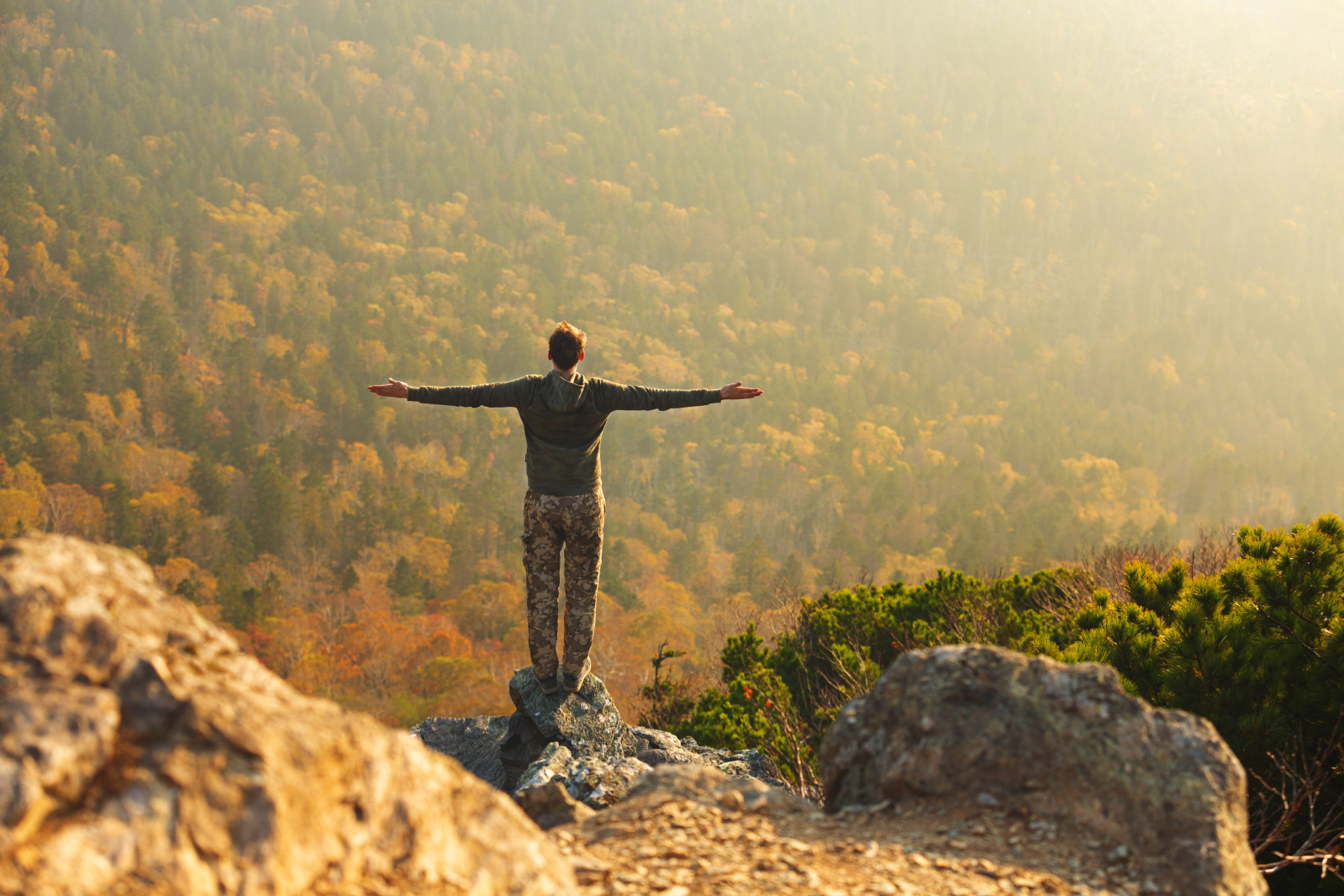 man looks out over the Smokies below
