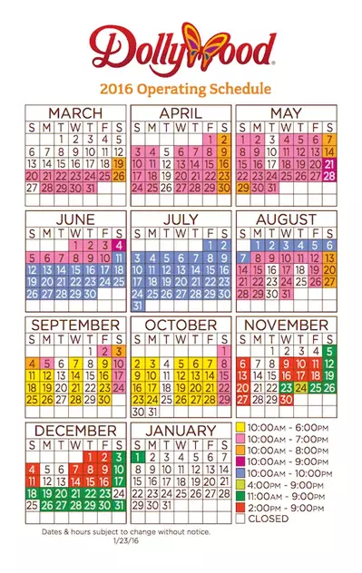 The Dollywood Operating Schedule for 2016.