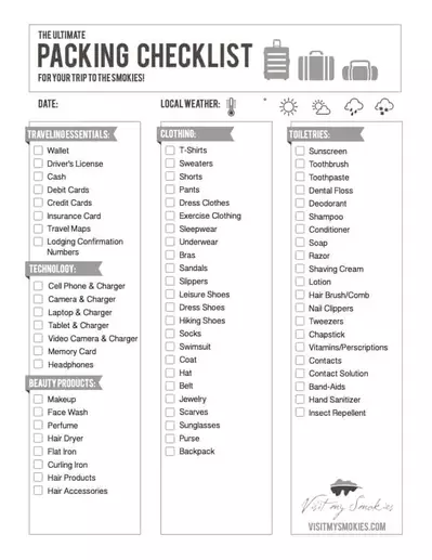 Gatlinburg vacation packing checklist