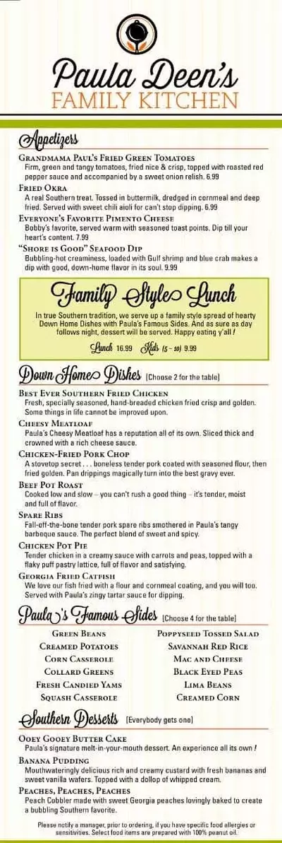 Paula Deen's Family Kitchen lunch menu