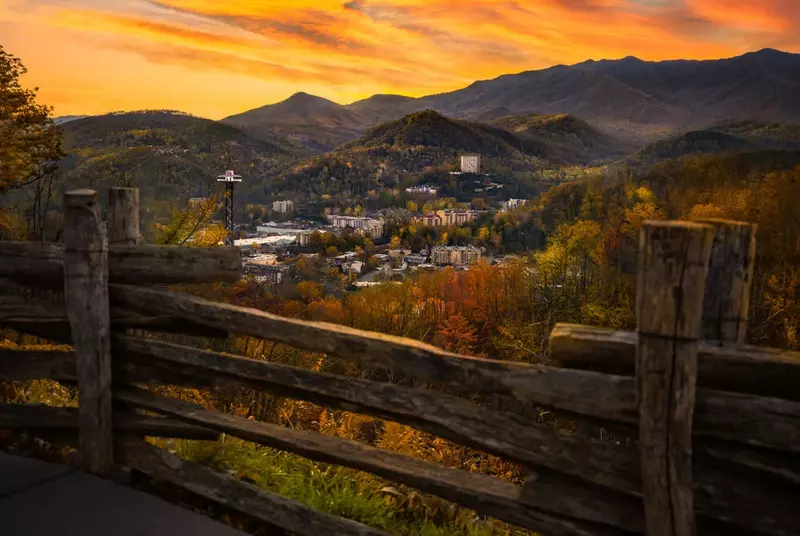 view from Gatlinburg Scenic Overlook in fall at sunset