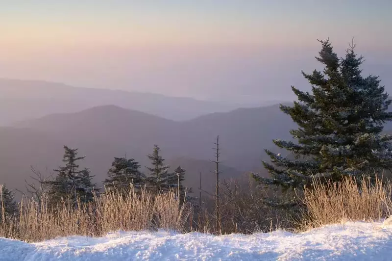 snow in the Smoky Mountains at sunrise