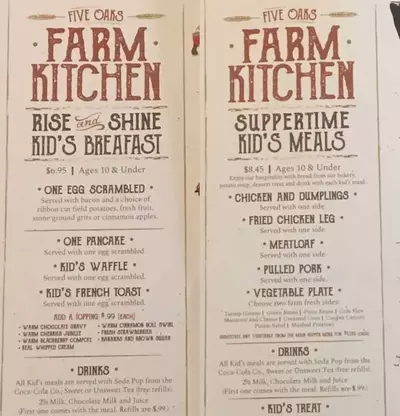 Five Oaks Farm Kitchen Kids Menu