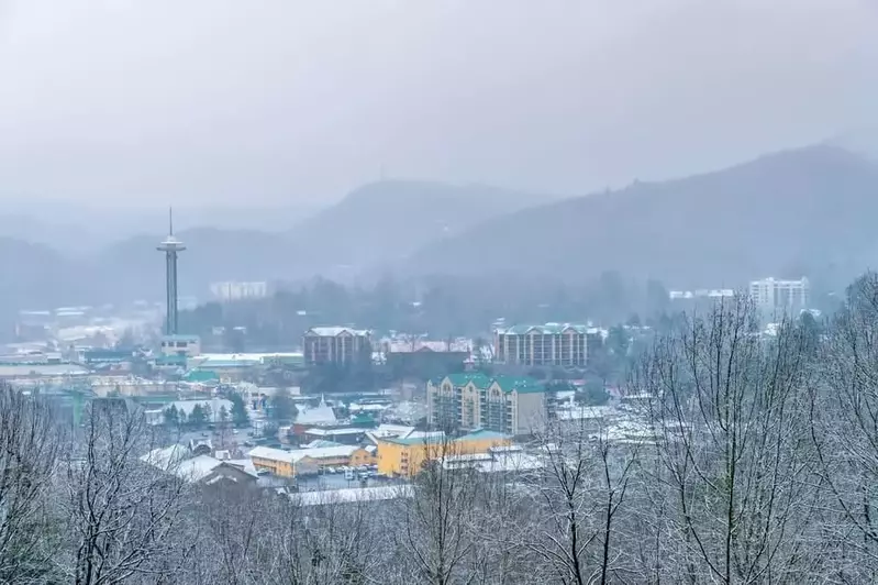 A photo of the downtown area covered in snow near our Gatlinburg TN condos.