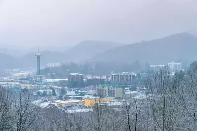 A photo of the downtown area covered in snow near our Gatlinburg TN condos.