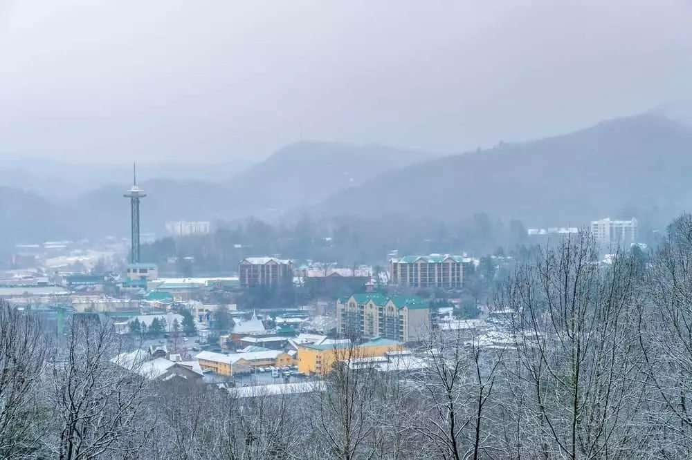 A photo of the downtown area covered in snow near our Gatlinburg TN condos.