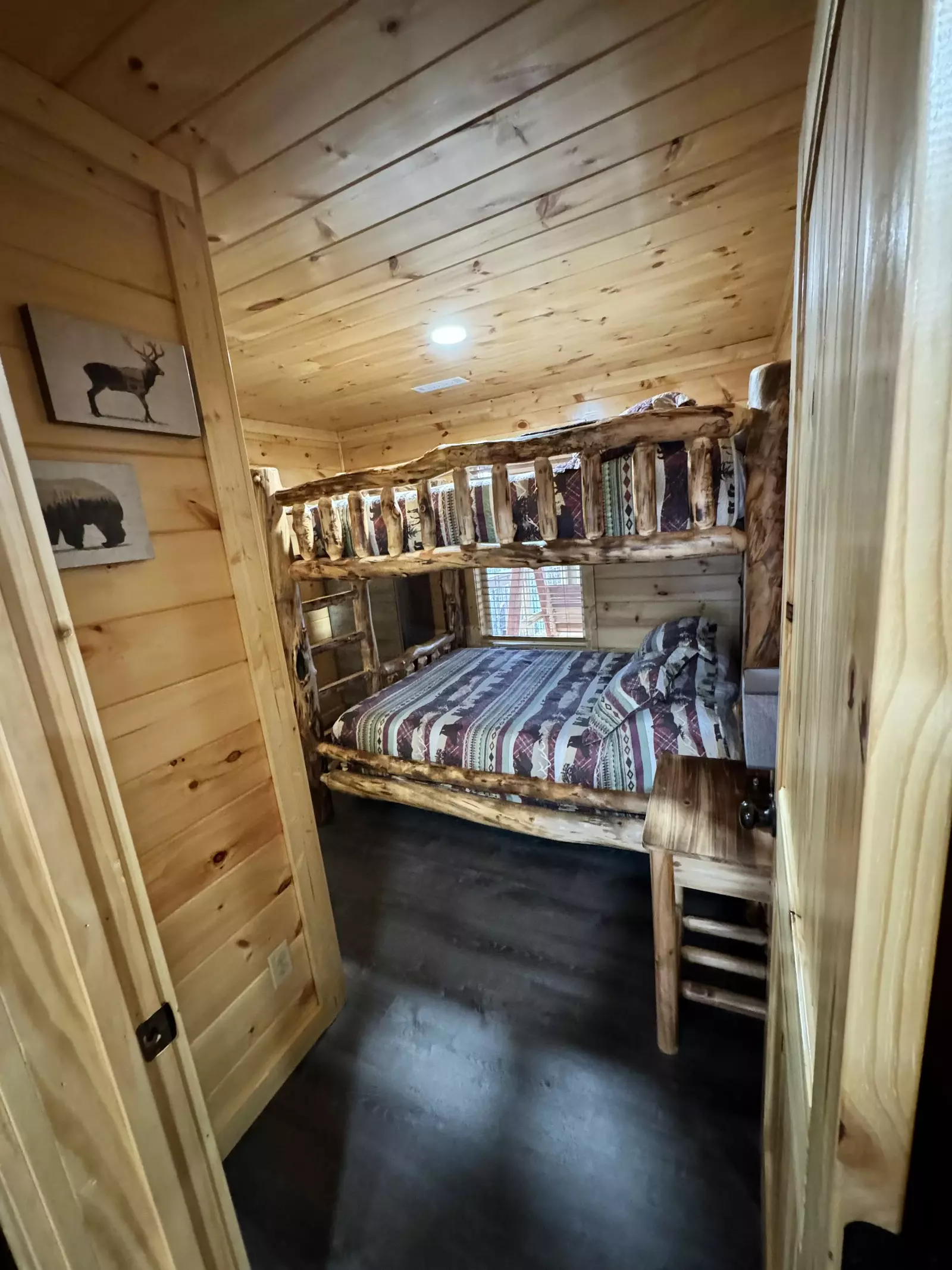 queen over queen bunk bed bedroom