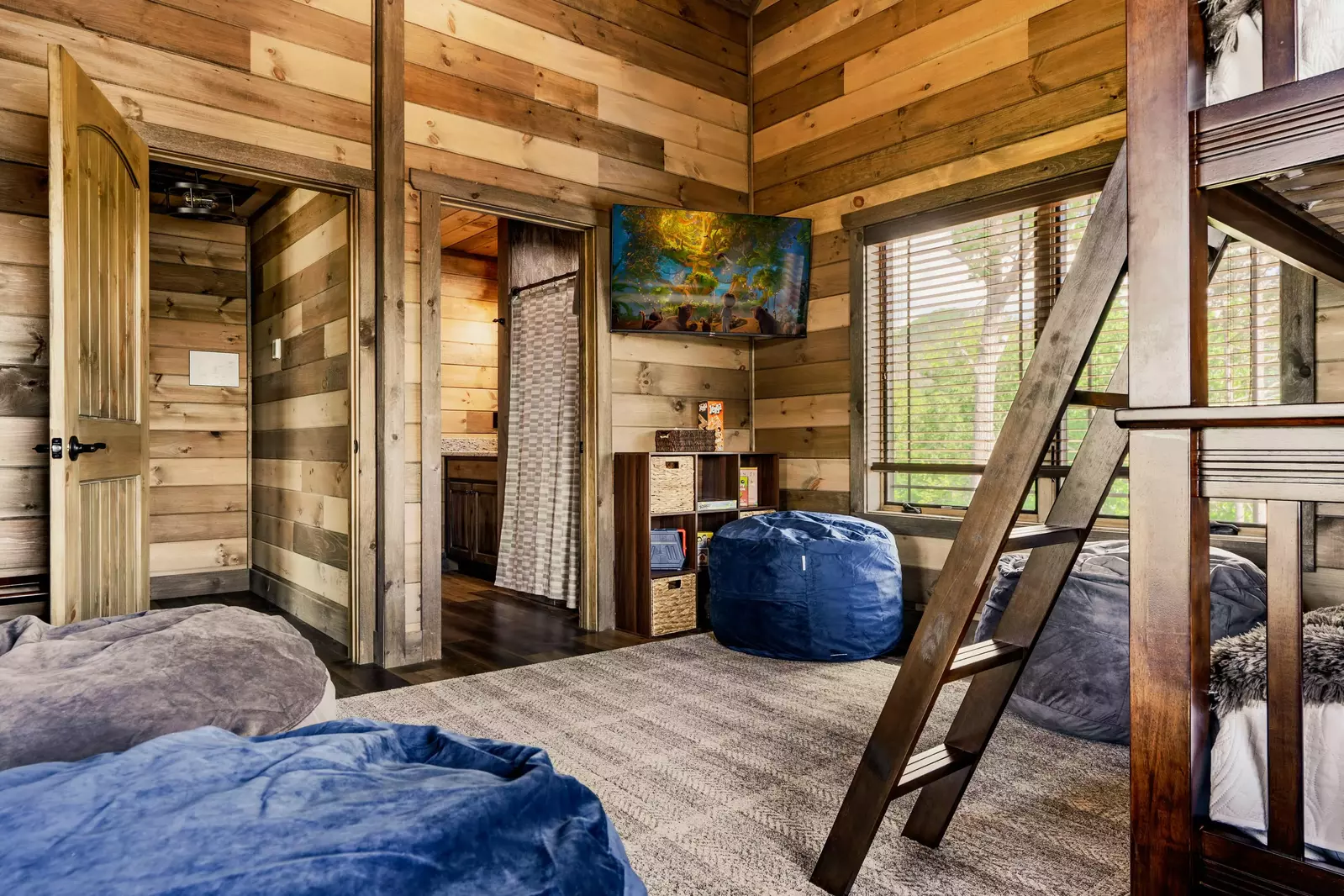 Queen over Queen adult sized bunk bed room with a view.  Entry door for privacy.