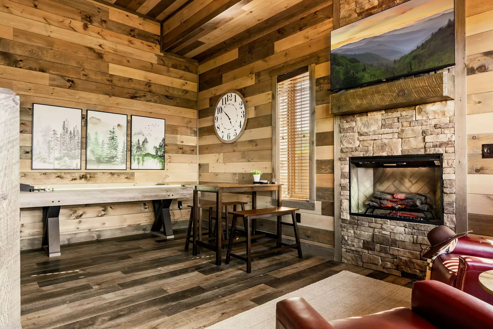 The downstairs game room with games and gathering areas.