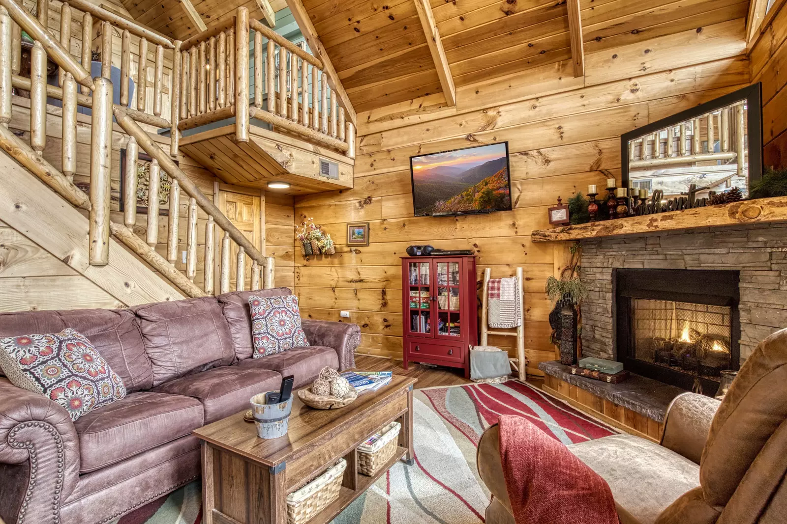 A Walk in the Clouds living room with seasonal gas fireplace