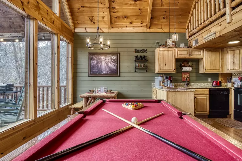 A Walk in the Clouds pool table and kitchen
