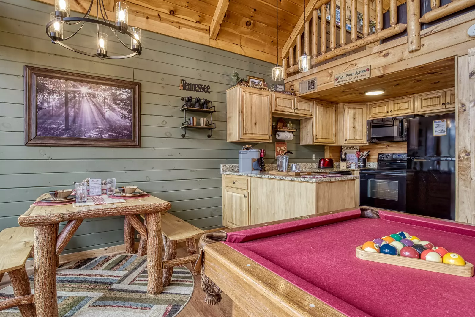 A Walk in the Clouds pool table dining area and kitchen