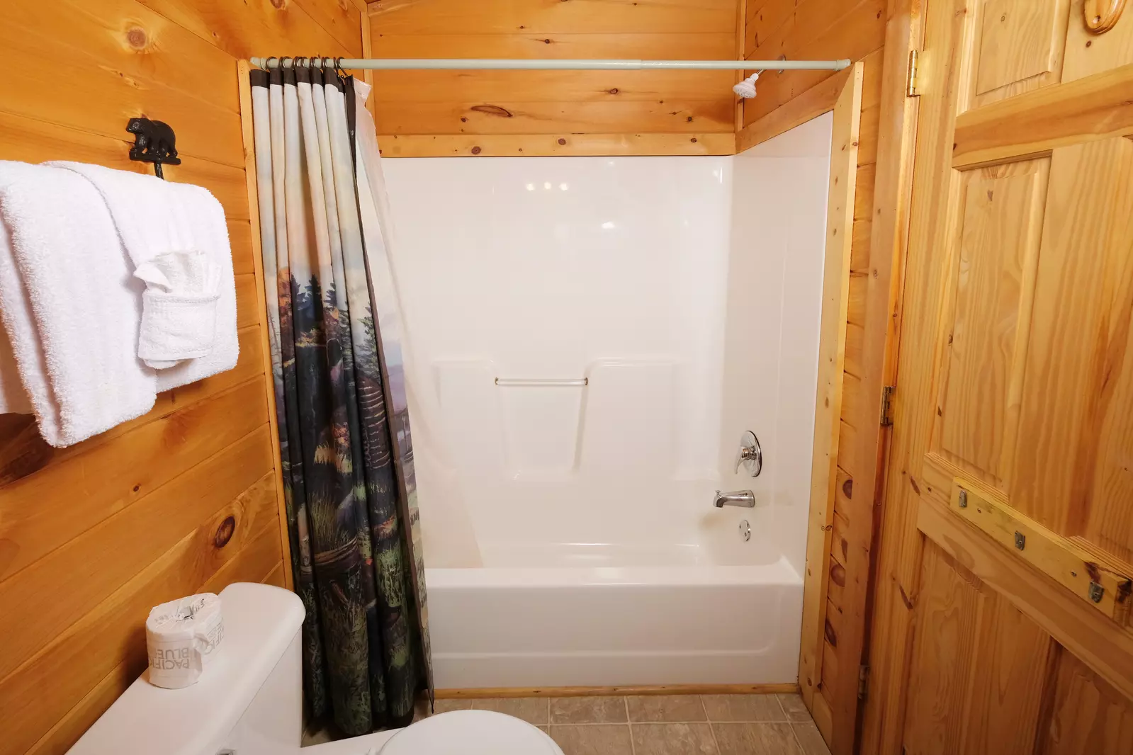 Bearadise Mountain Lodge bathroom with tub shower combo