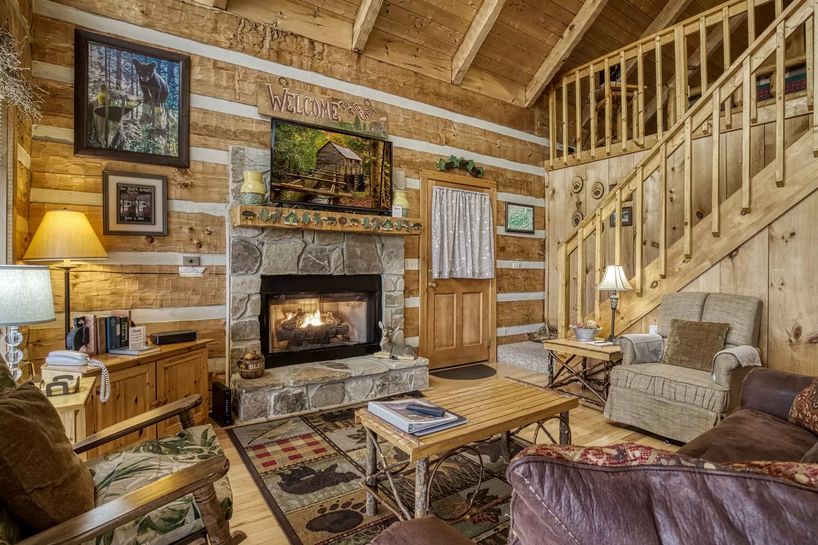 Buck Naked living room with fireplace
