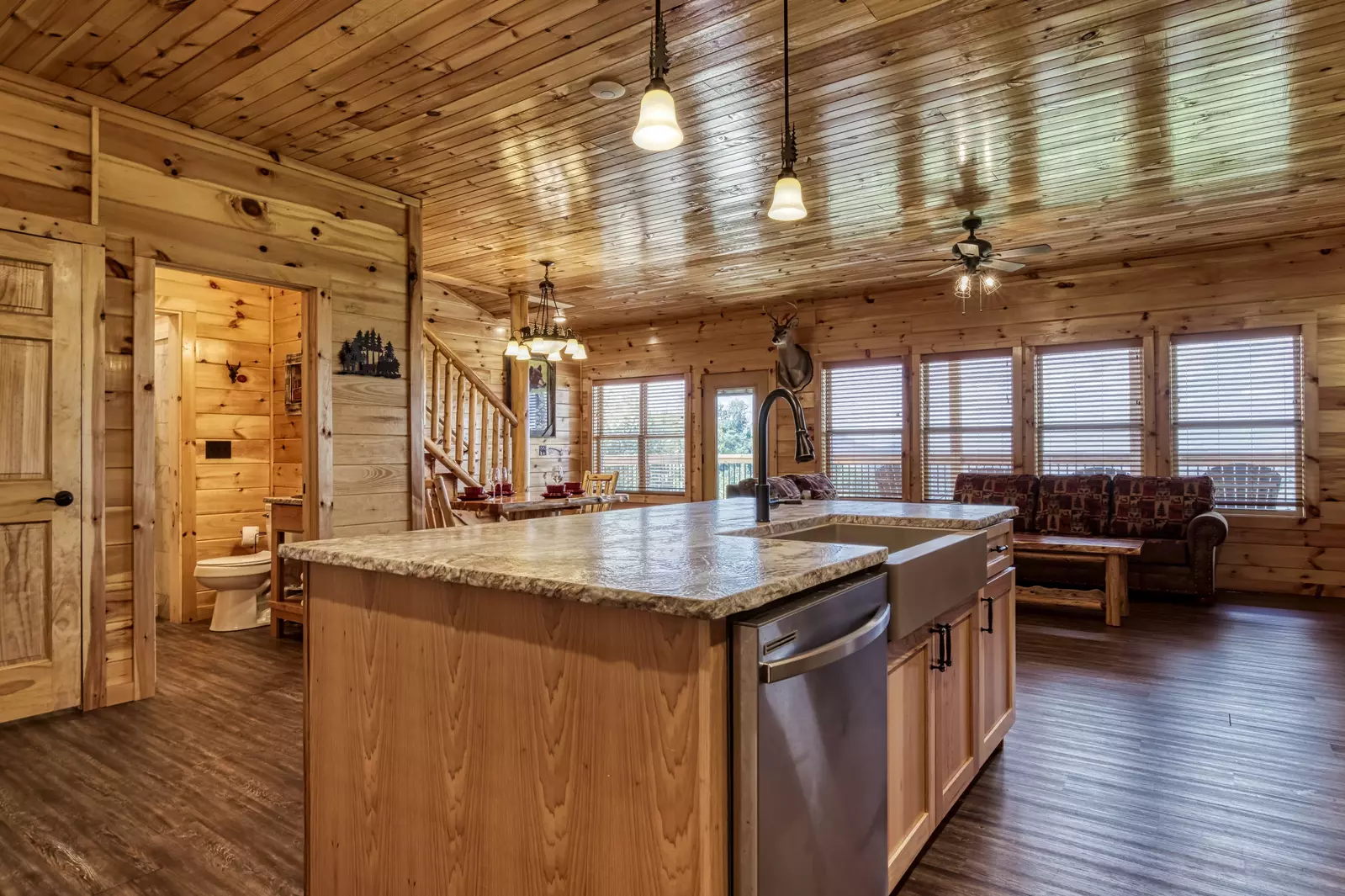 Chasing Views kitchen island and living room