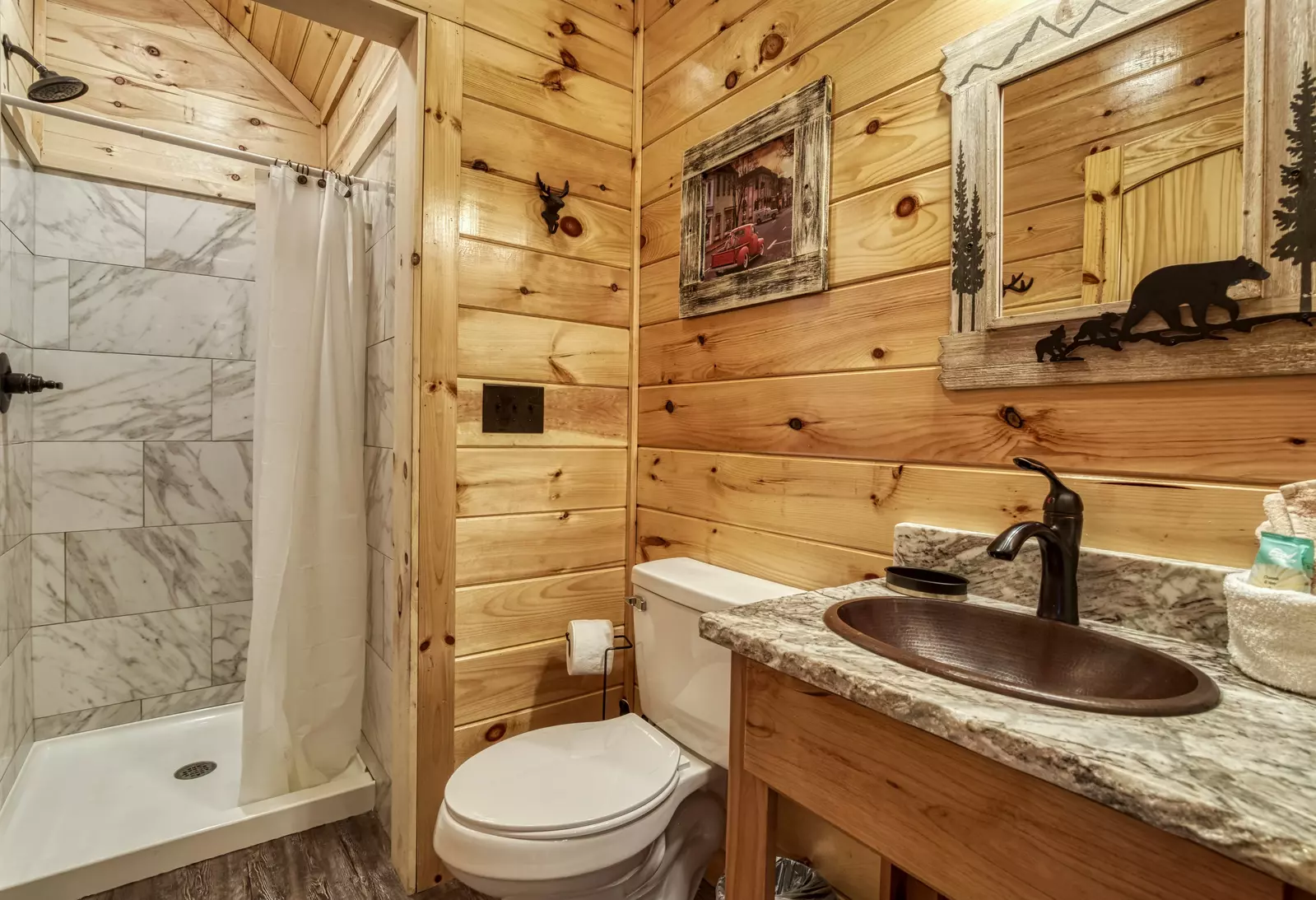 Chasing Views main level bathroom with walk in shower