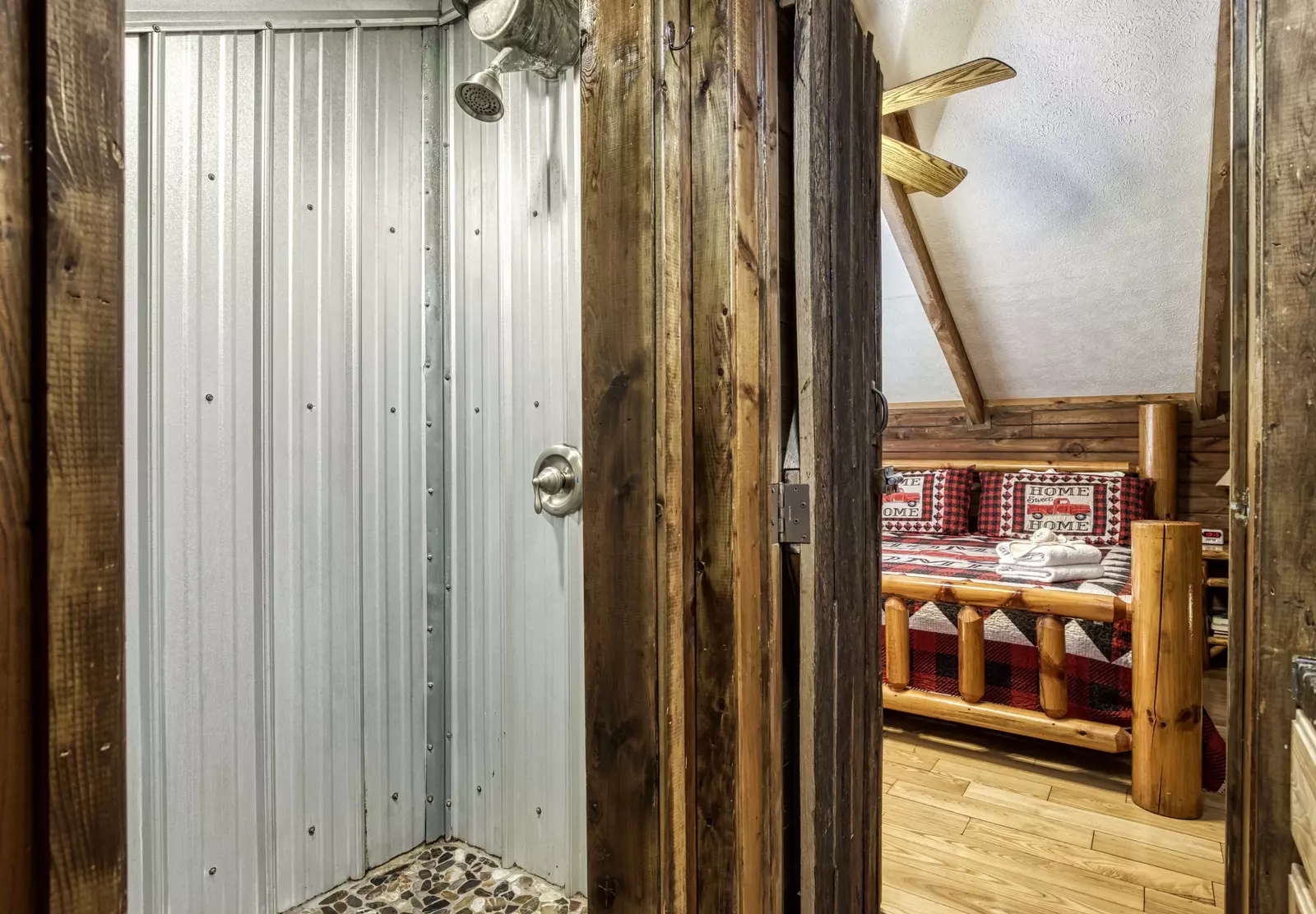 Country Charm upper level bathroom with walk in shower