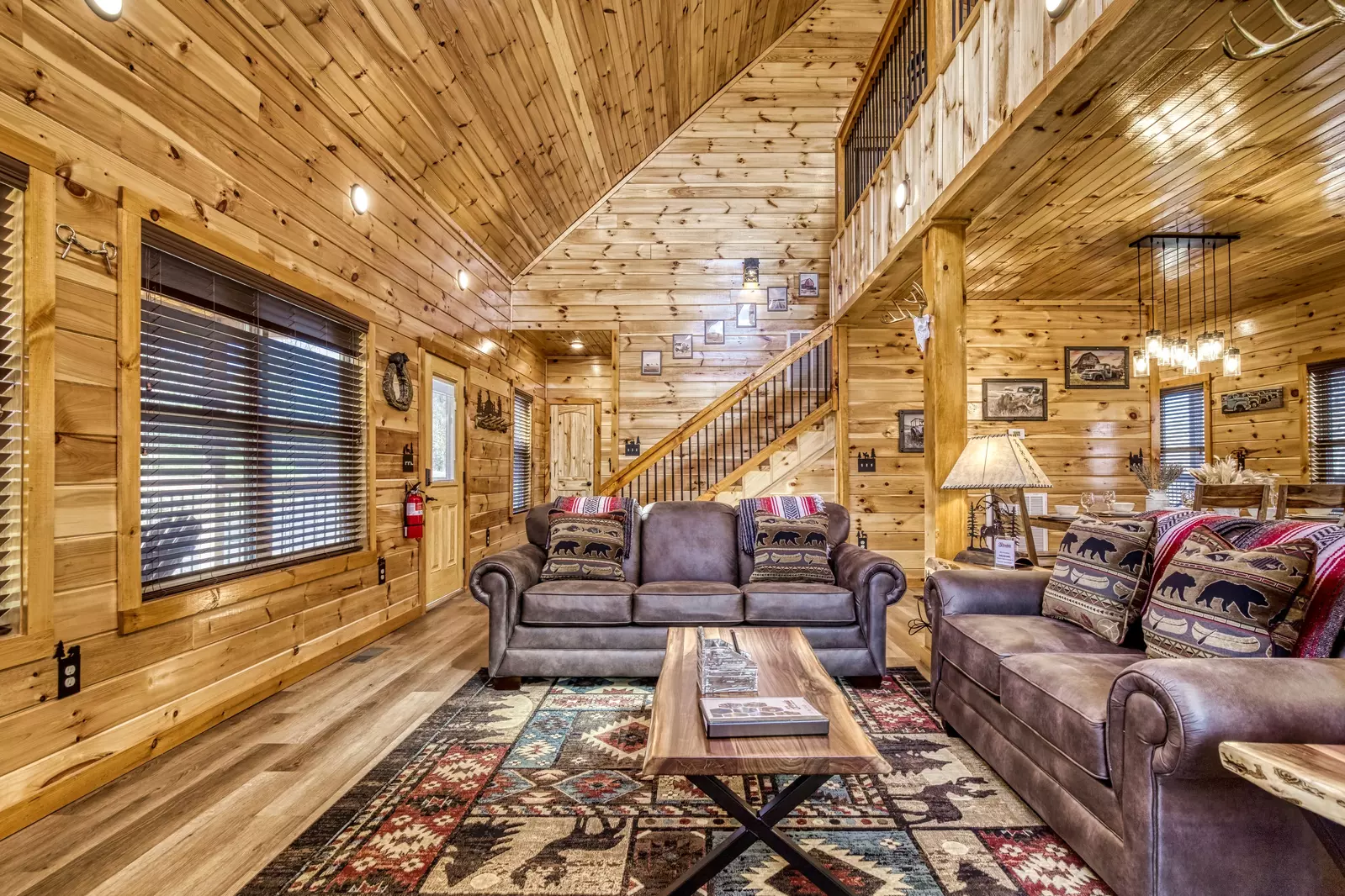 Cozy Cub Cabin living room and loft area