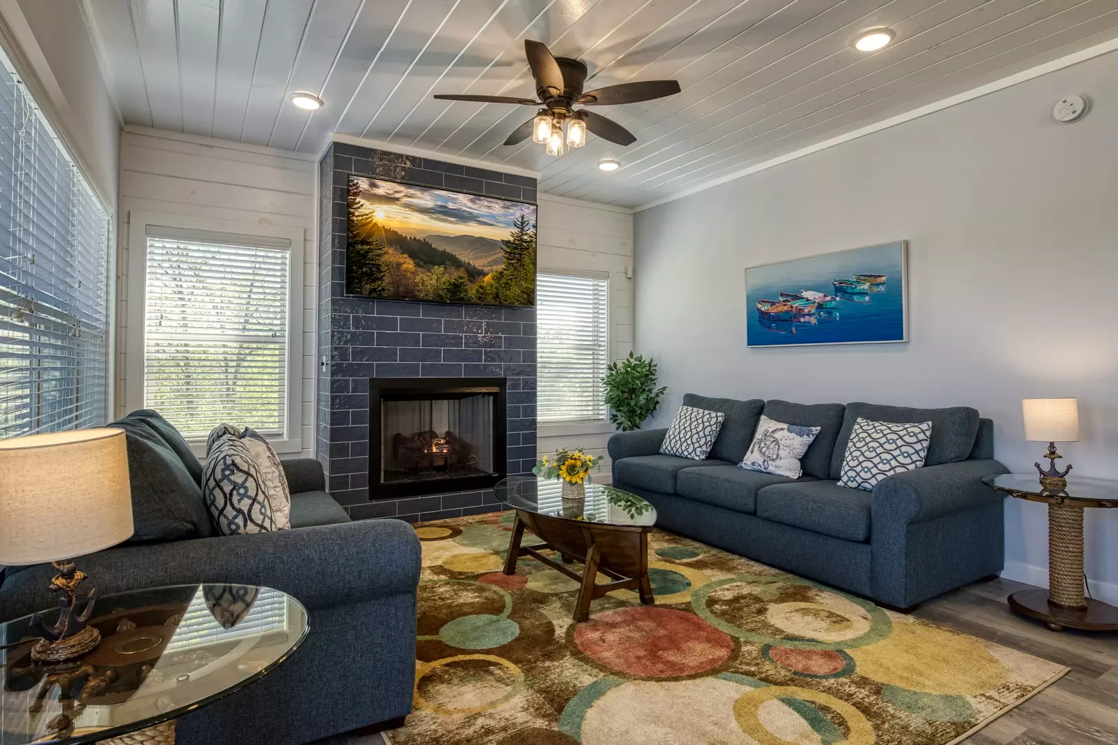 Lake View Therapy living room with 65 inch TV