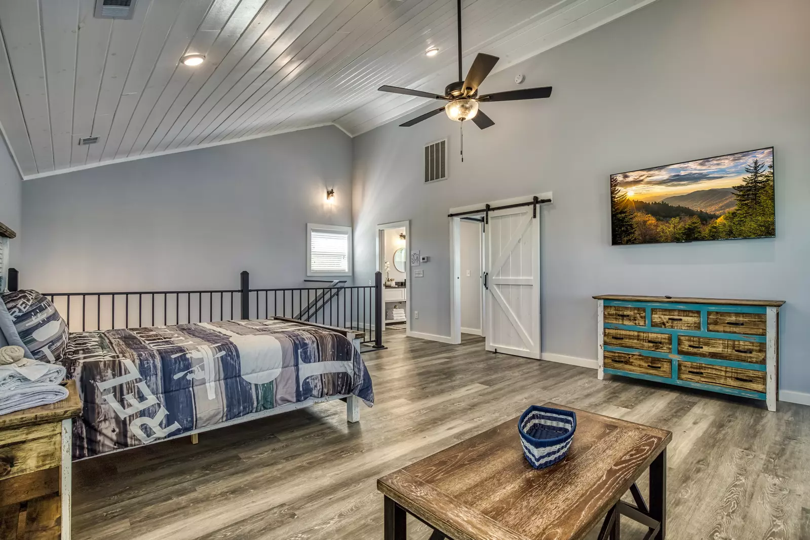 Lake View Therapy upper level loft area with 65 inch TV