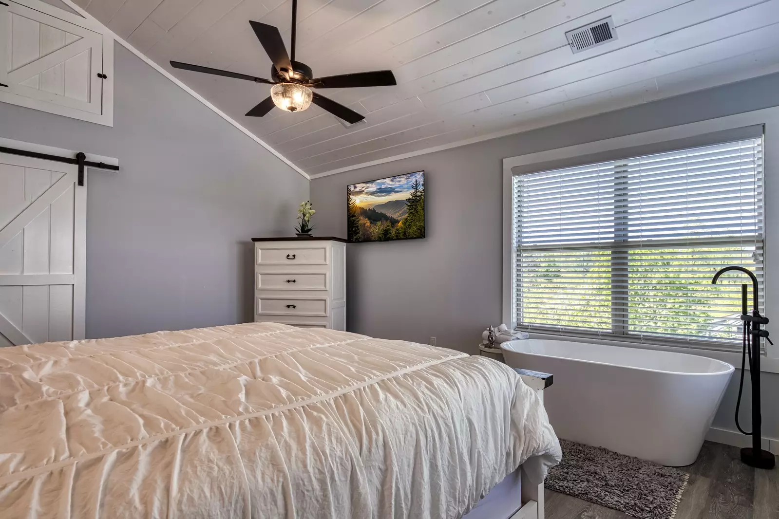 Lake View Therapy upper level bedroom with spa soaking tub