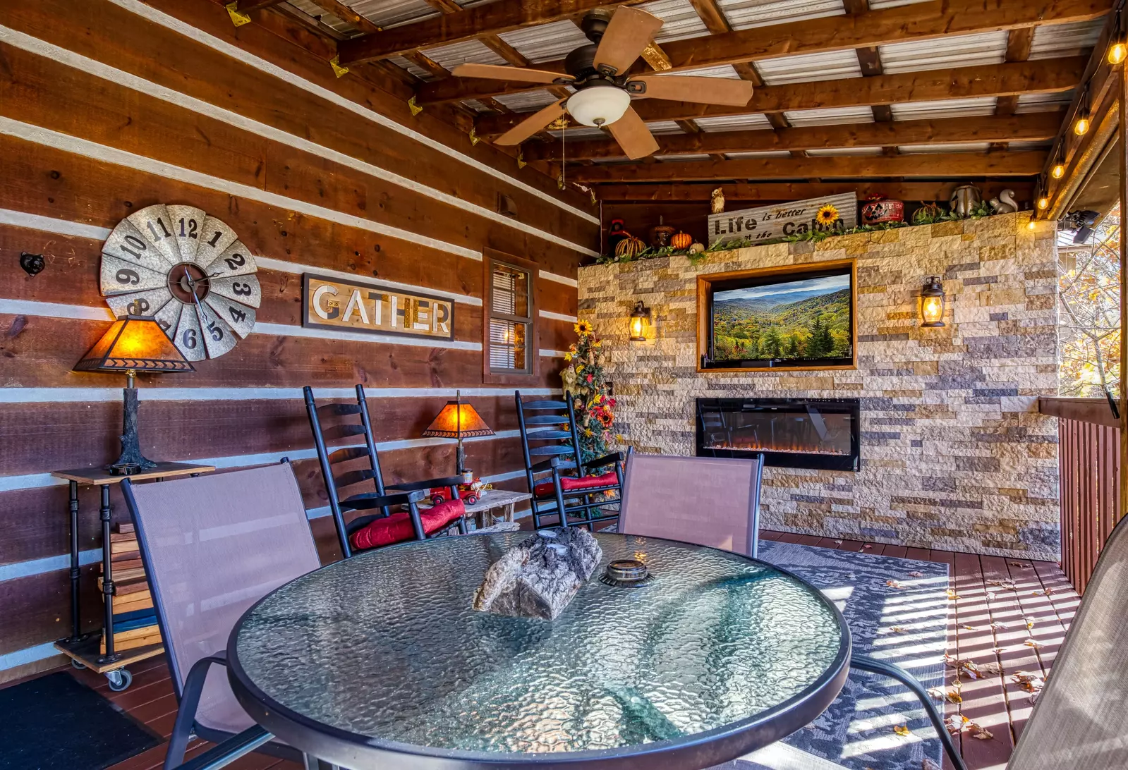 Mountain Magic covered back deck with TV and electric fireplace