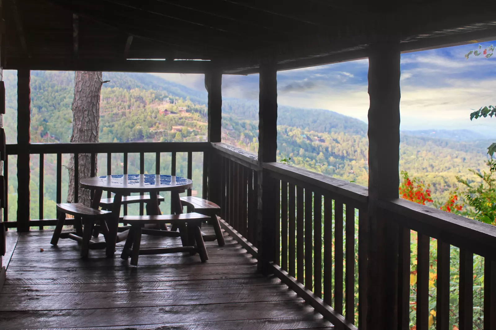 Old Glory covered deck with mountain views