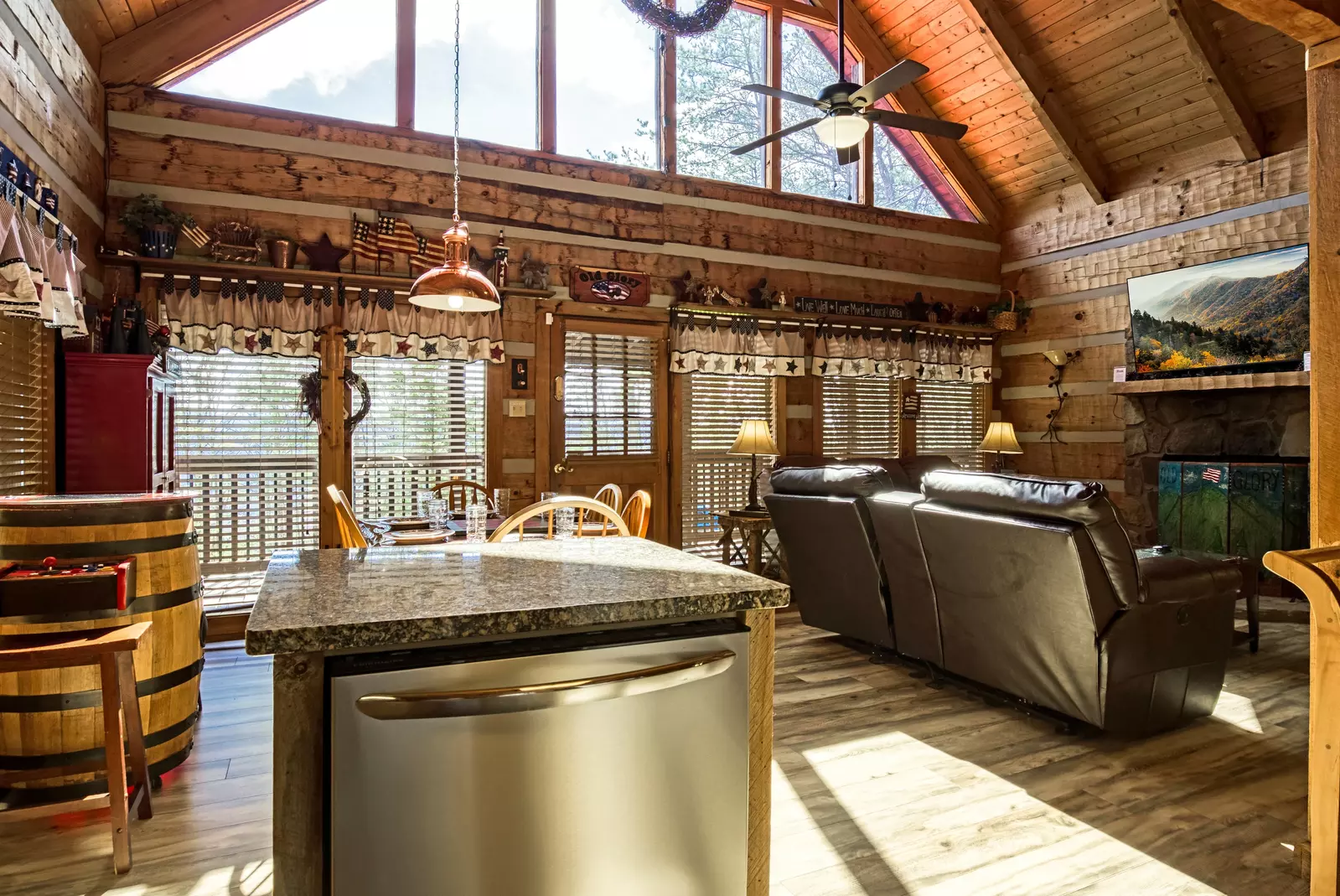 Old Glory kitchen island and living room