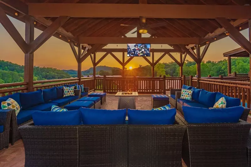 deck of a Smoky Mountain cabin at sunset