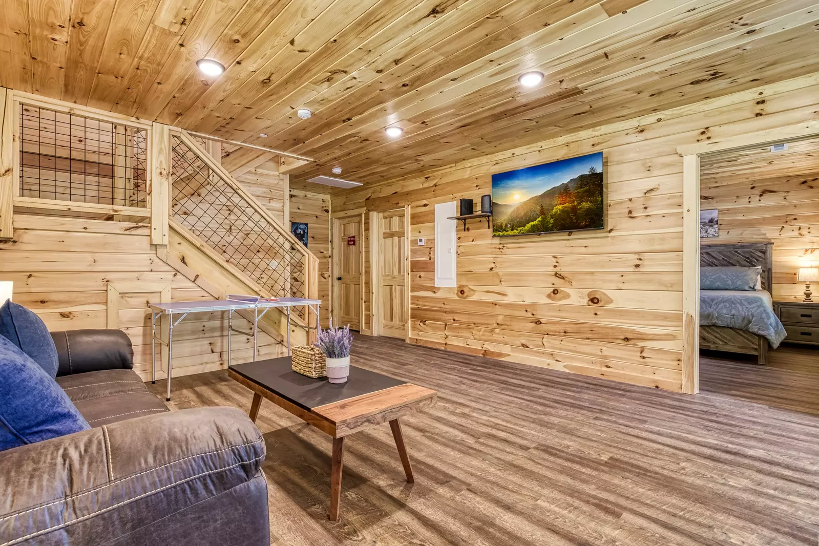 Mountain Memories lower level sitting area with 58 inch TV
