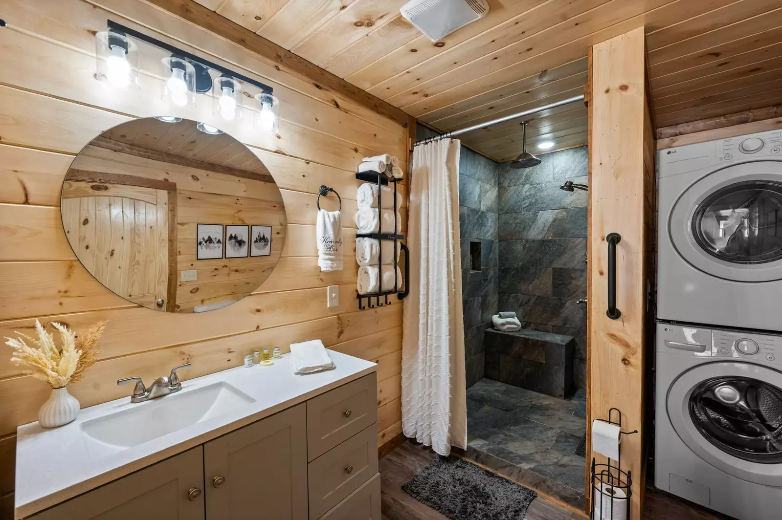 Downstairs bath stocked with shampoo, conditioner and body wash