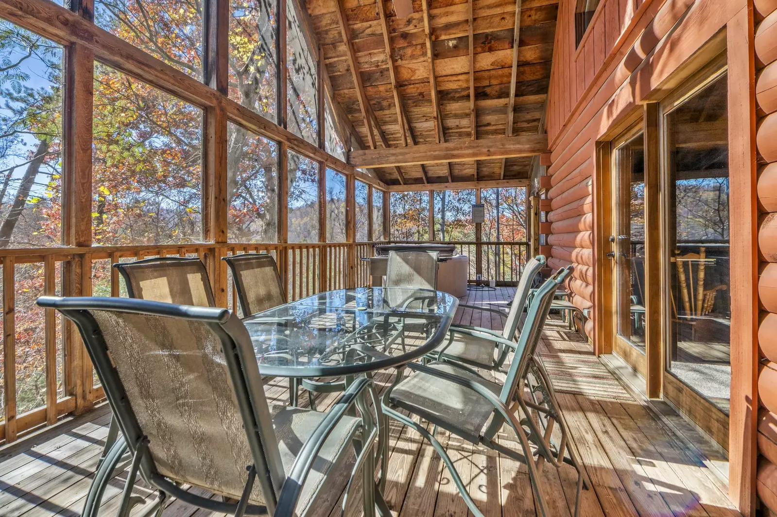 Table for six on large screened deck