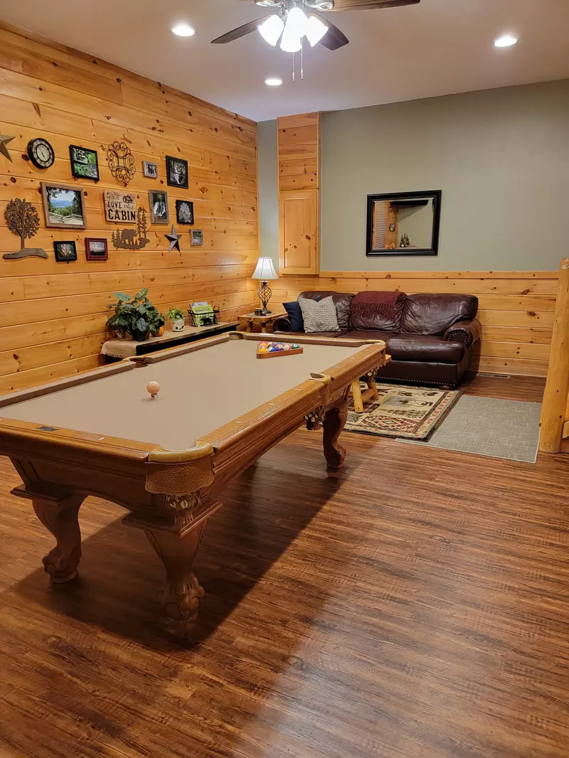 Downstairs rec room with pool table and Queen sleeper sofa