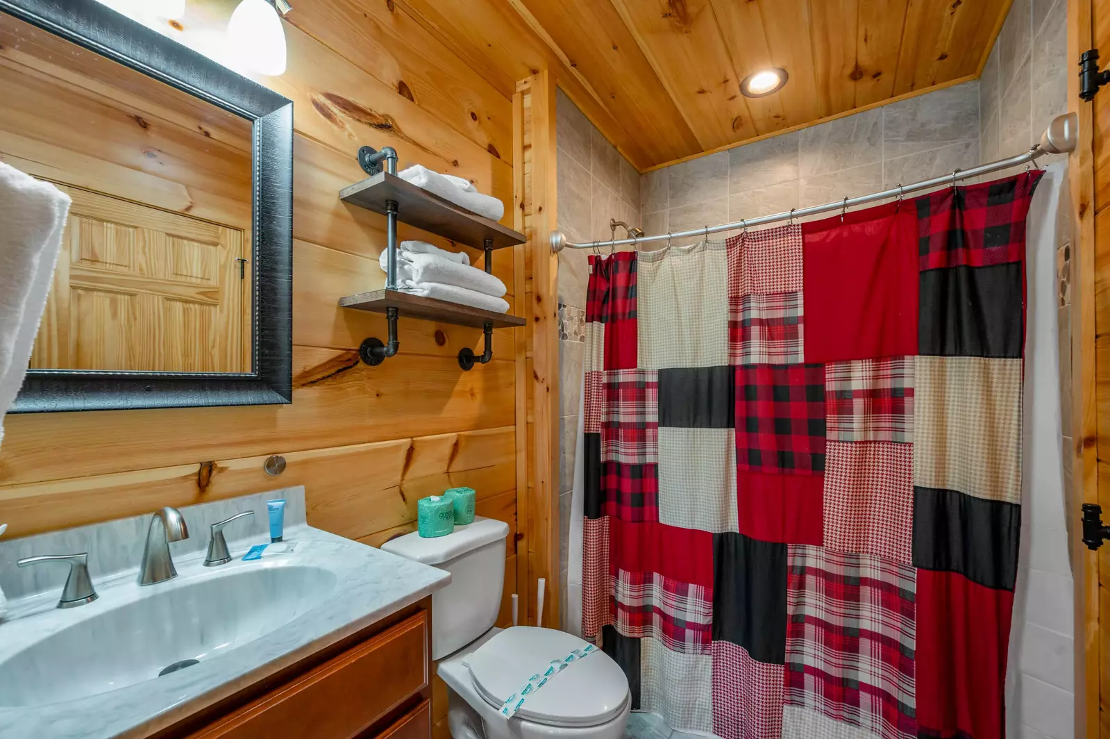 Main level master bath connects to master bedroom & living room