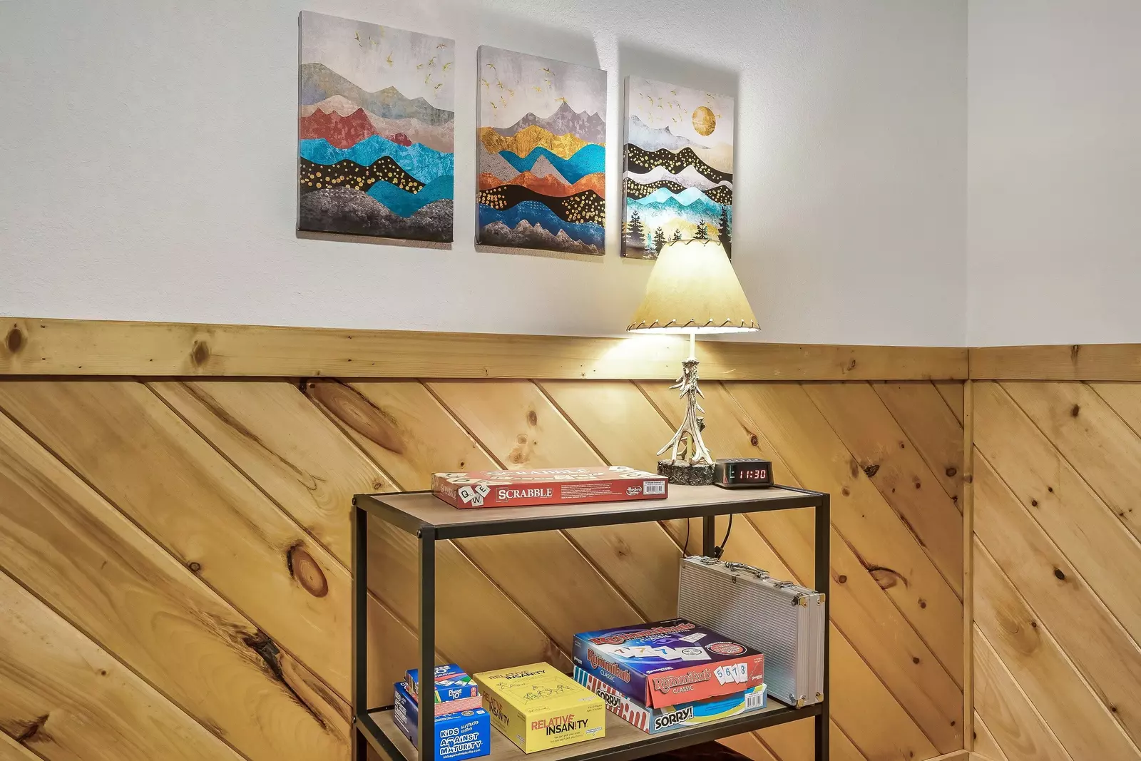 Board games and board books in the bunk room.