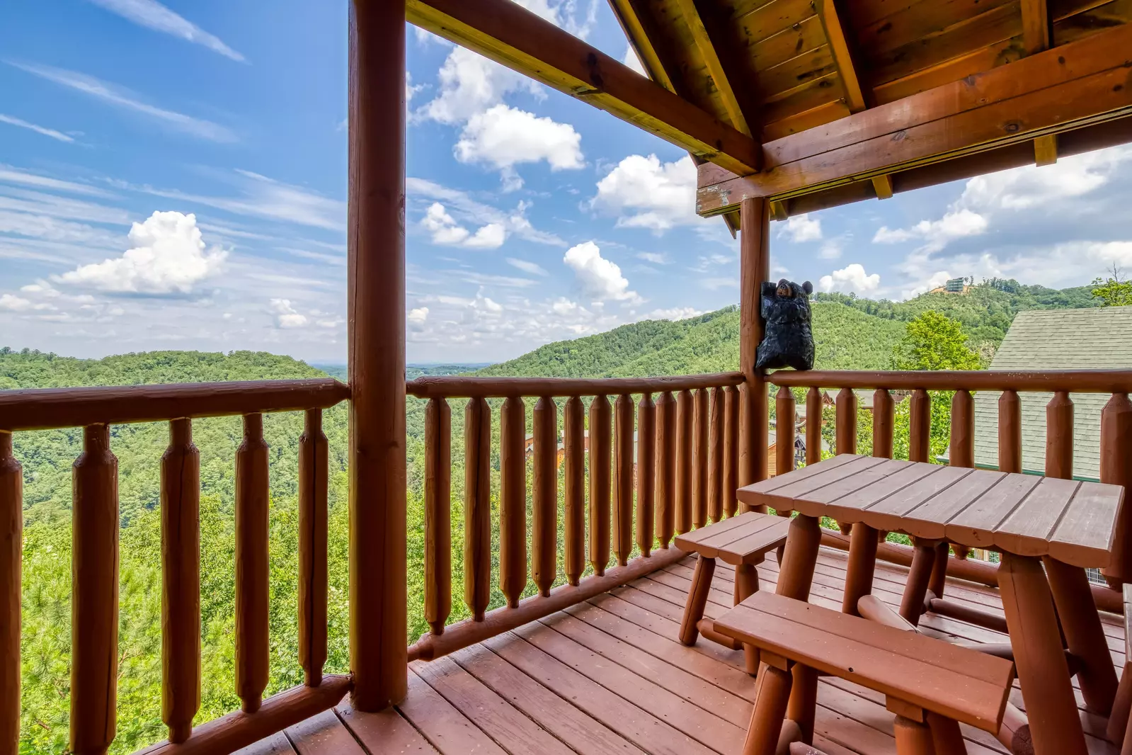 Wet and Wild main level deck with picnic table and panoramic mountain views