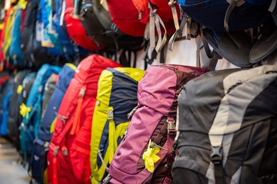 backpacks at camping store