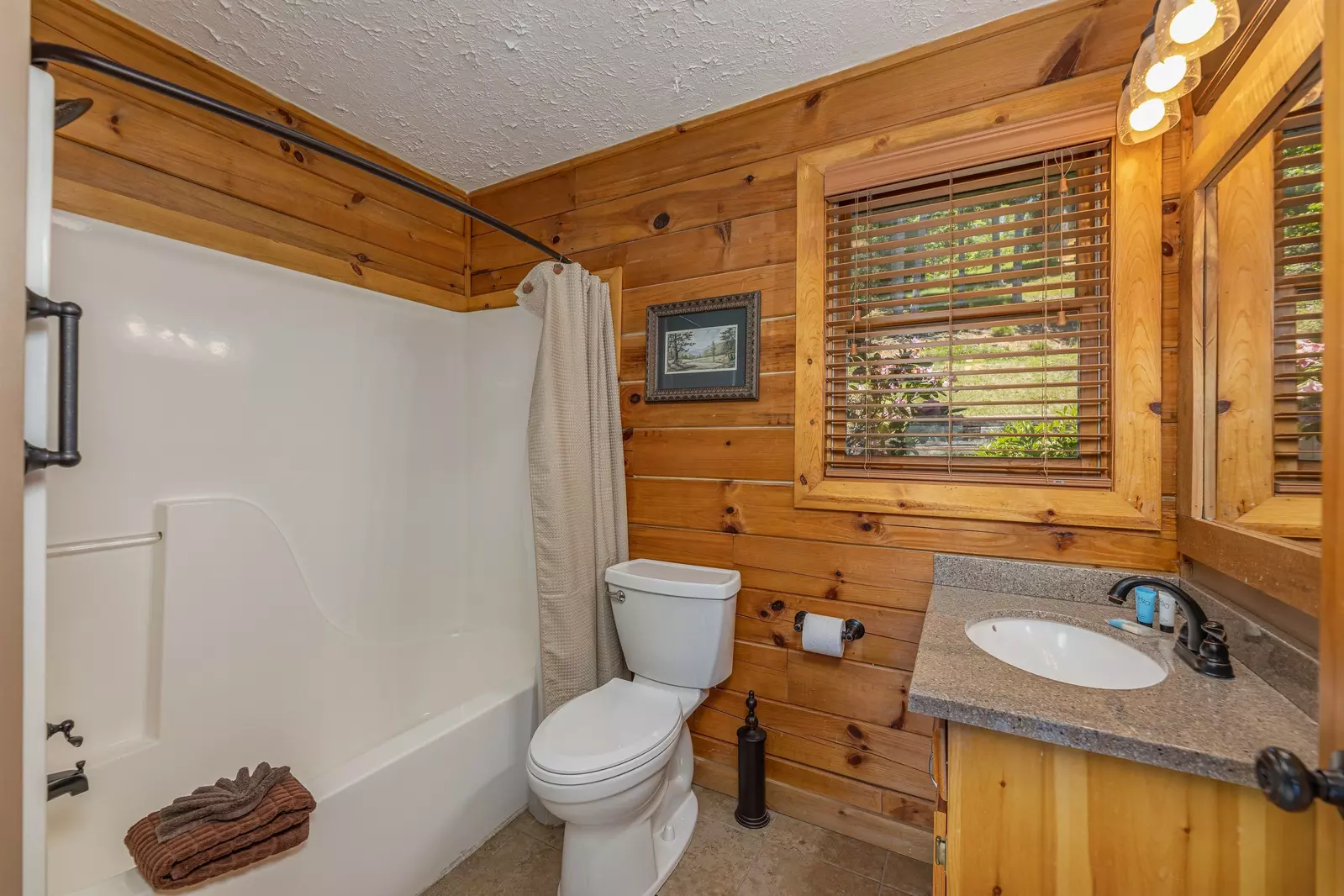 Update right side bathroom with tub and tile floors.