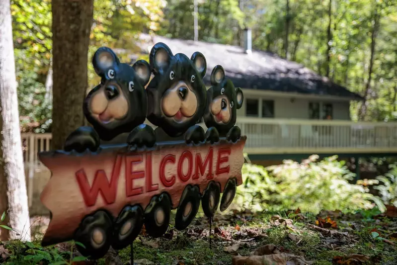 Misty Mountain Hop – a 2-bedroom, 2-bath Smoky Mountain cabin in Cobbly Nob Resort with screened-in hot tub, wrap-around decks, wood-burning fireplace, and access to pools, pickleball, and golf.