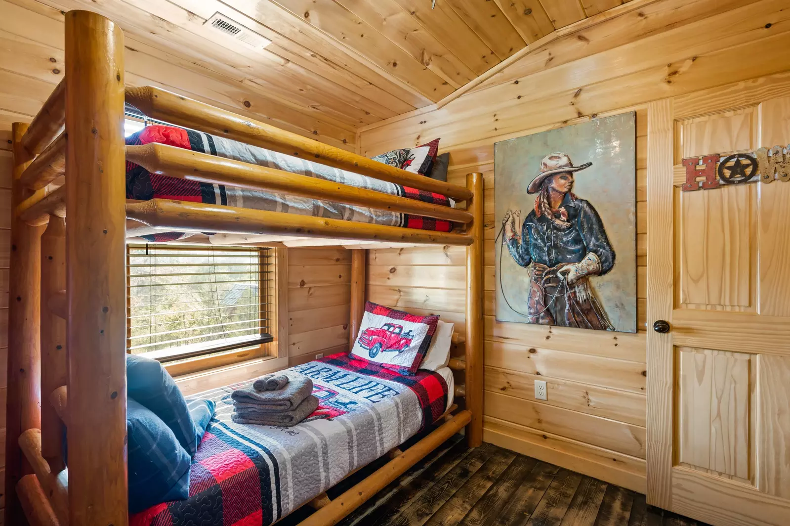 Nothin’ But a Good Time – a spacious 4-bedroom Smoky Mountain cabin rental in Sevierville featuring king bedrooms, twin bunks, hot tub, theater room, fire pit, and cozy mountain views.