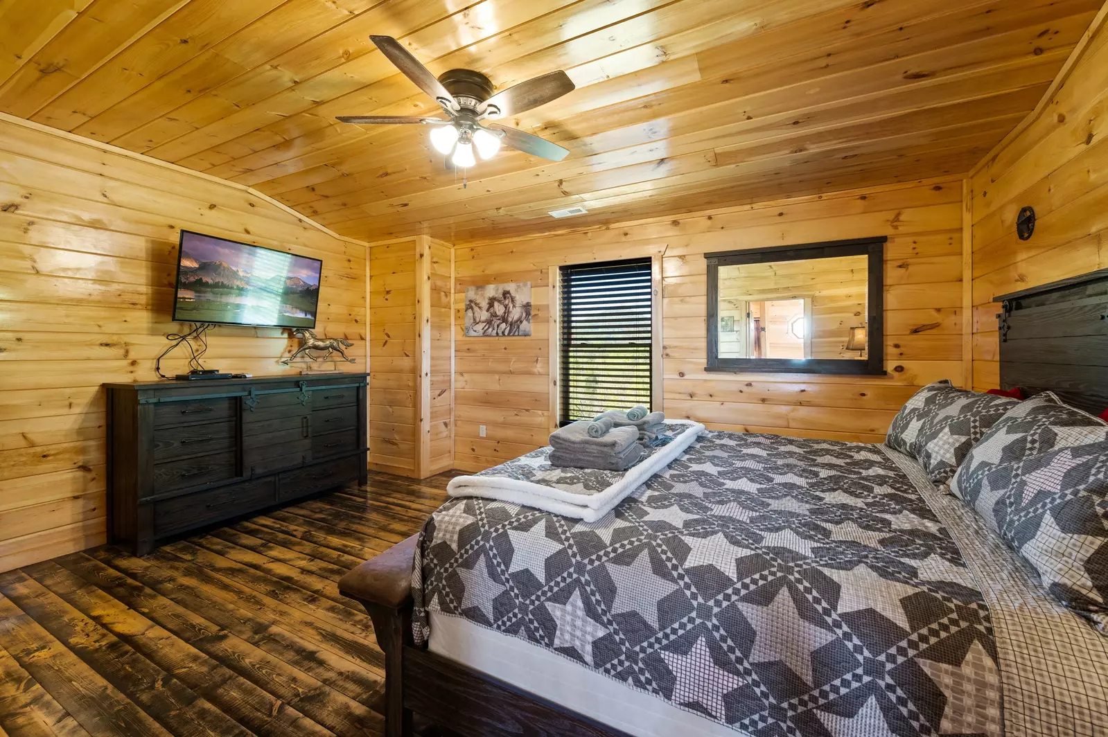 Nothin’ But a Good Time – a spacious 4-bedroom Smoky Mountain cabin rental in Sevierville featuring king bedrooms, twin bunks, hot tub, theater room, fire pit, and cozy mountain views.