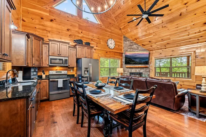 Open concept kitchen with dining table. Seats six comfortably