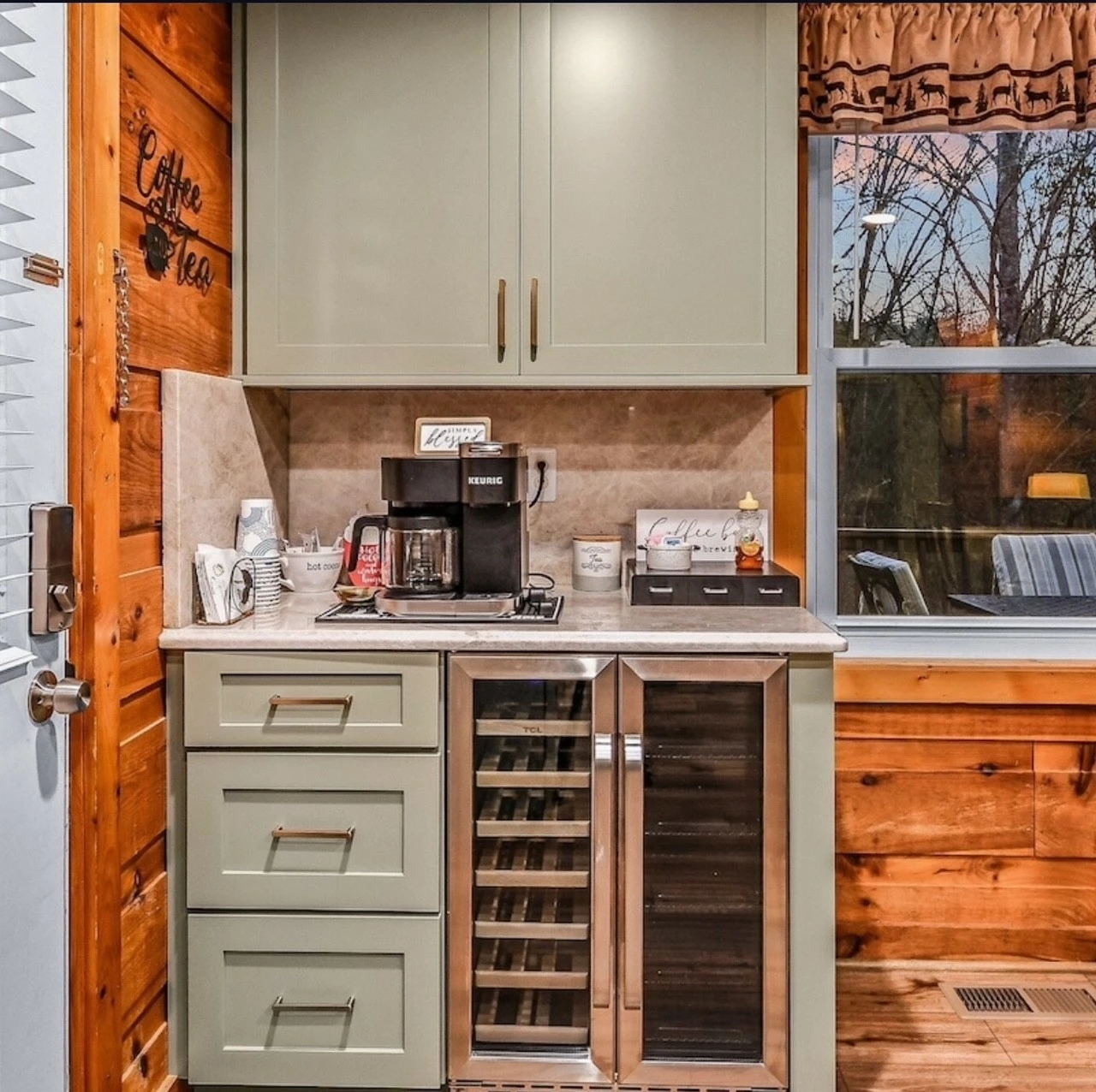 Coffee bar with beverage refrigerator