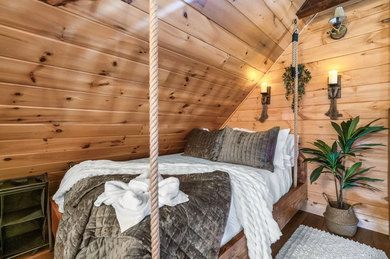 A one-of-a-kind floating bed adds a unique touch to your stay.