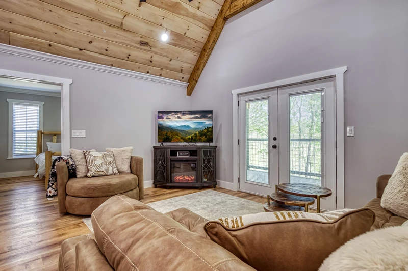 Mountain Lake Home living room with year round electric fireplace
