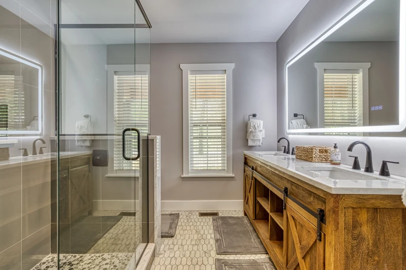 Mountain Lake Home bathroom with heated mirrors