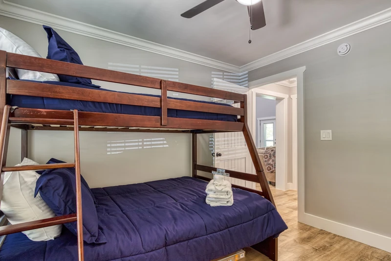 Mountain Lake Home bedroom with twin over full bunk beds