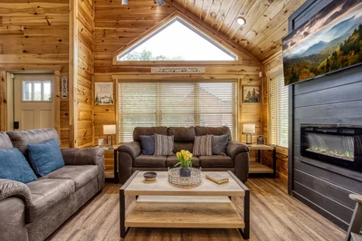 Mountain Memories living room room with 55 inch TV with year round electric fireplace 