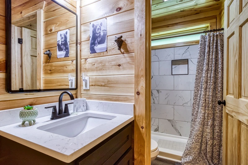 Mountain Memories main level bathroom with single vanity and walk in shower