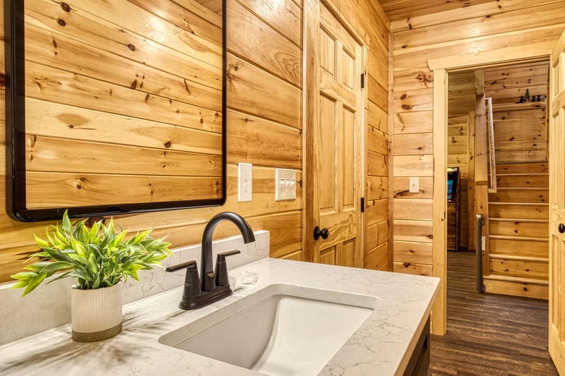 Mountain Memories lower level bathroom with single vanity 